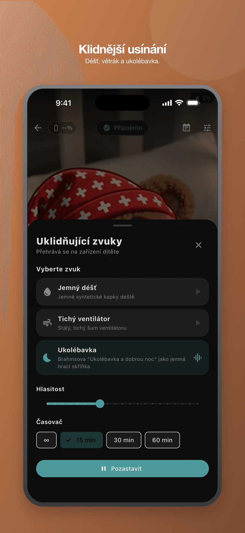 Uklidňující menu v dětském režimu se zvuky podobnými bílému šumu, ovládáním hlasitosti a časovačem