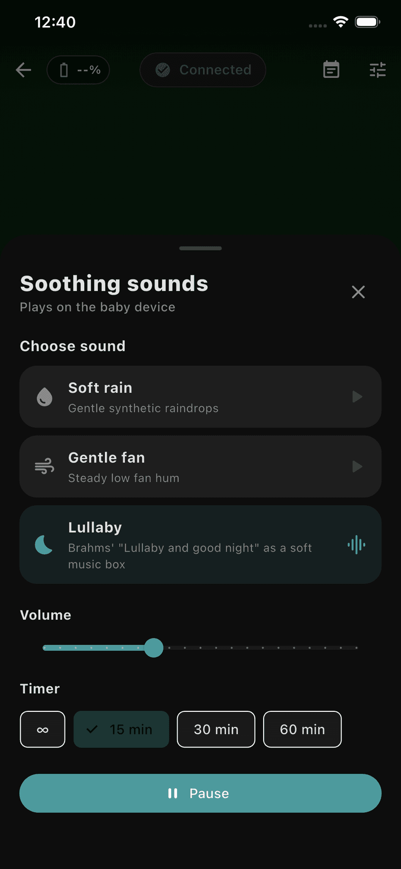 Soothing menu in baby mode with white-noise-like sounds, volume, and timer controls