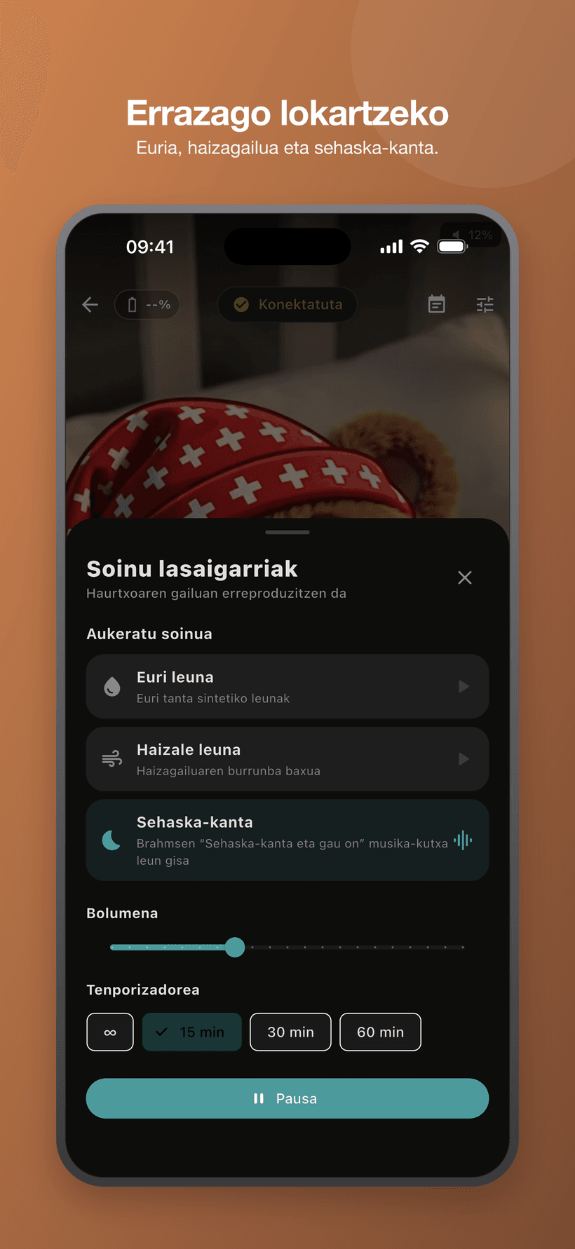 Menu lasaigarria haurra moduan zarata zuriaren antzeko soinuak, bolumena eta tenporizadorearen kontrolekin