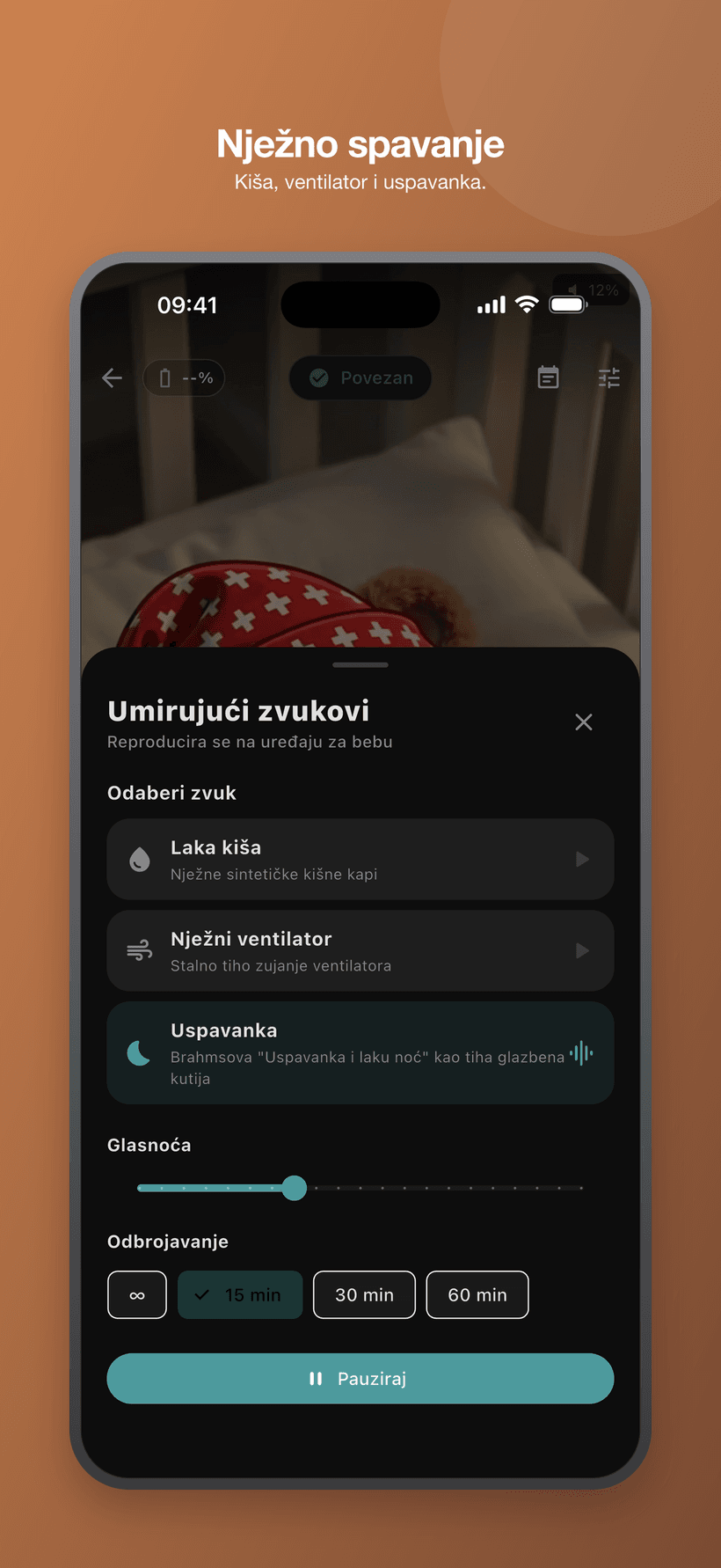 Umirujući izbornik u načinu rada za bebu sa zvukovima nalik bijelom šumu, glasnoćom i kontrolama vremena