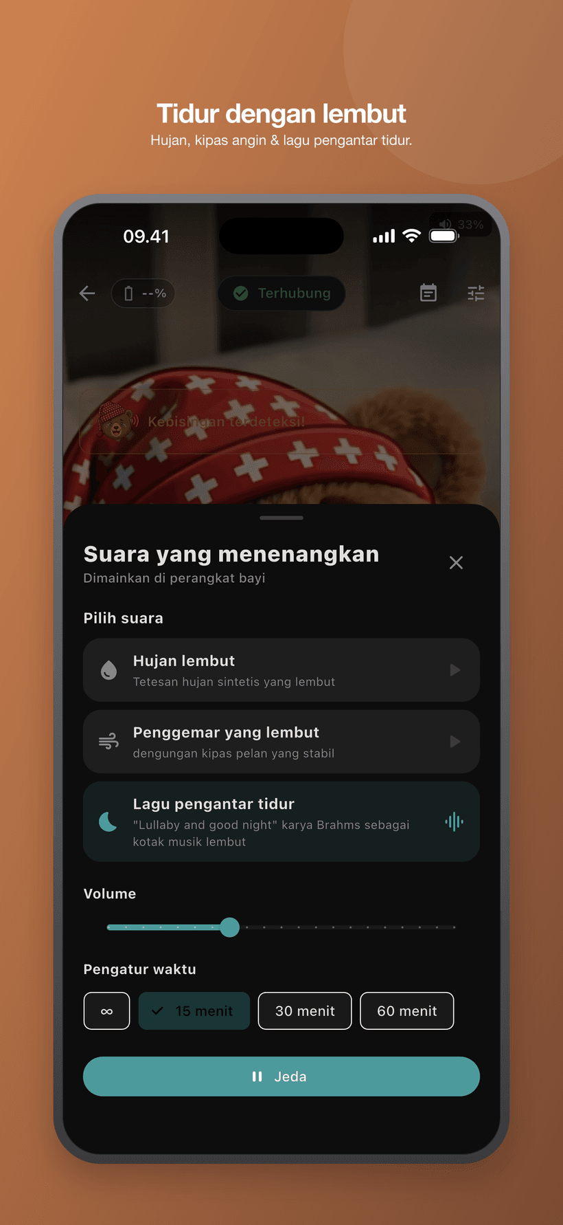 Menu menenangkan dalam mode bayi dengan kontrol suara, volume, dan pengatur waktu seperti derau putih