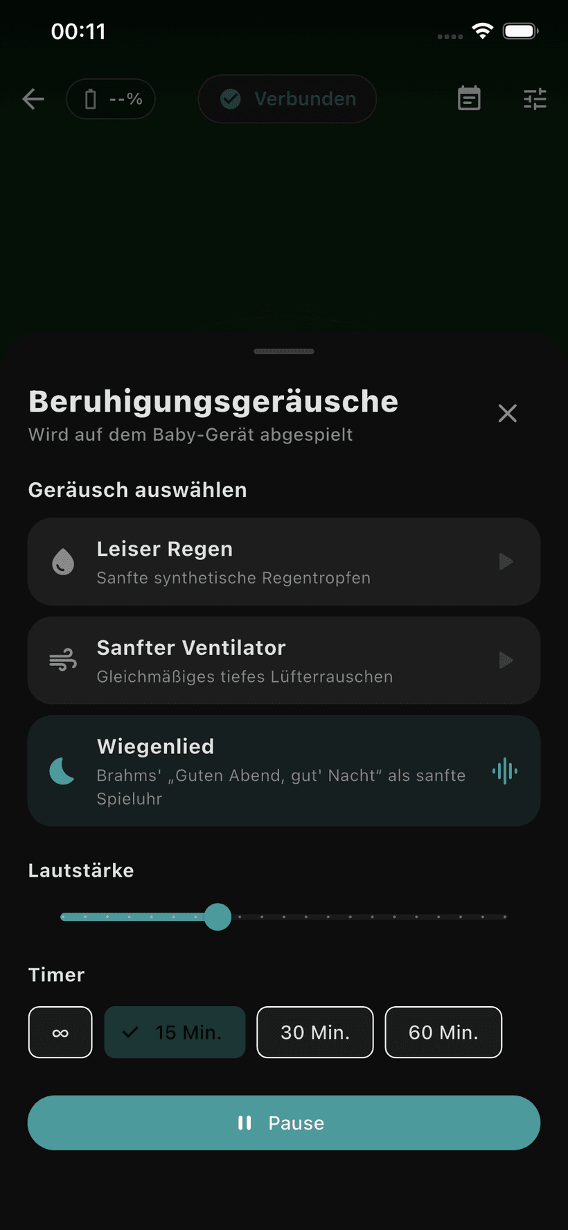Beruhigungsmenü im Baby-Modus mit White-Noise-ähnlichen Geräuschen, Lautstärke und Timer