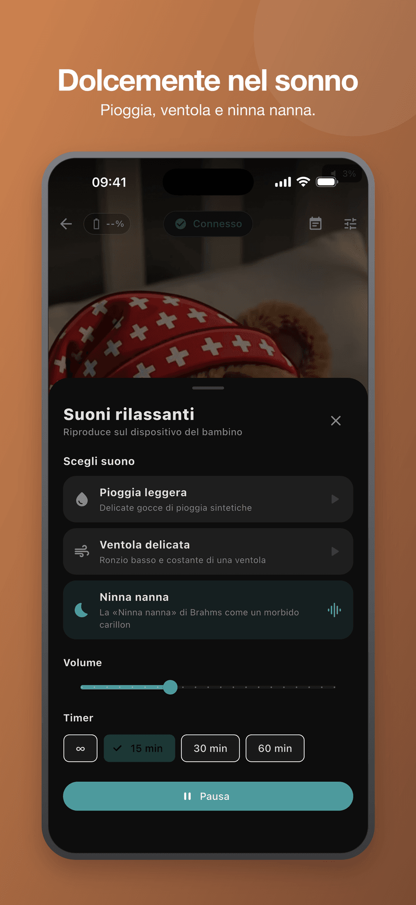 Menu rilassante in modalità bambino con suoni simili a rumori bianchi, volume e controlli del timer