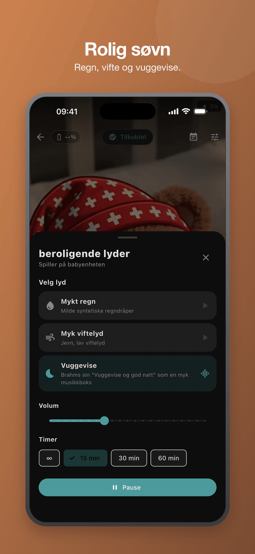 Roliggjørende meny i babymodus med hvitstøylignende lyder, volum og timerkontroller