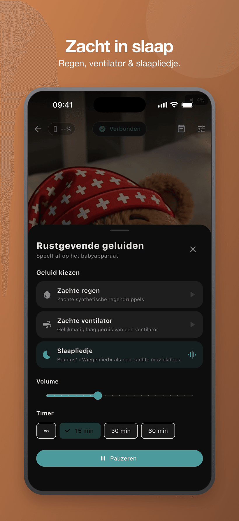 Rustgevend menu in babymodus met witte ruisachtige geluiden, volume- en timerbediening