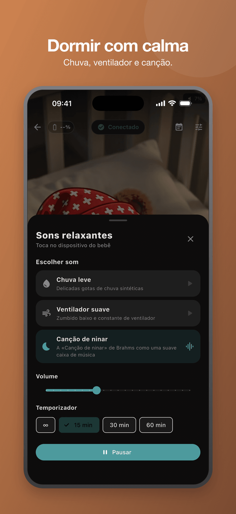 Menu relaxante no modo bebê com sons semelhantes a ruído branco, volume e controles de temporizador