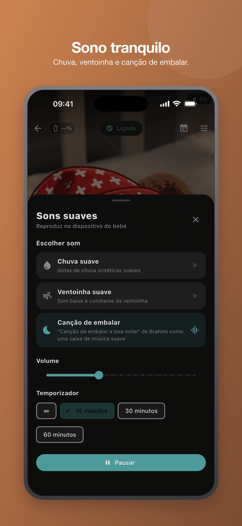 Menu relaxante no modo bebé com sons semelhantes a ruído branco, volume e controlos do temporizador