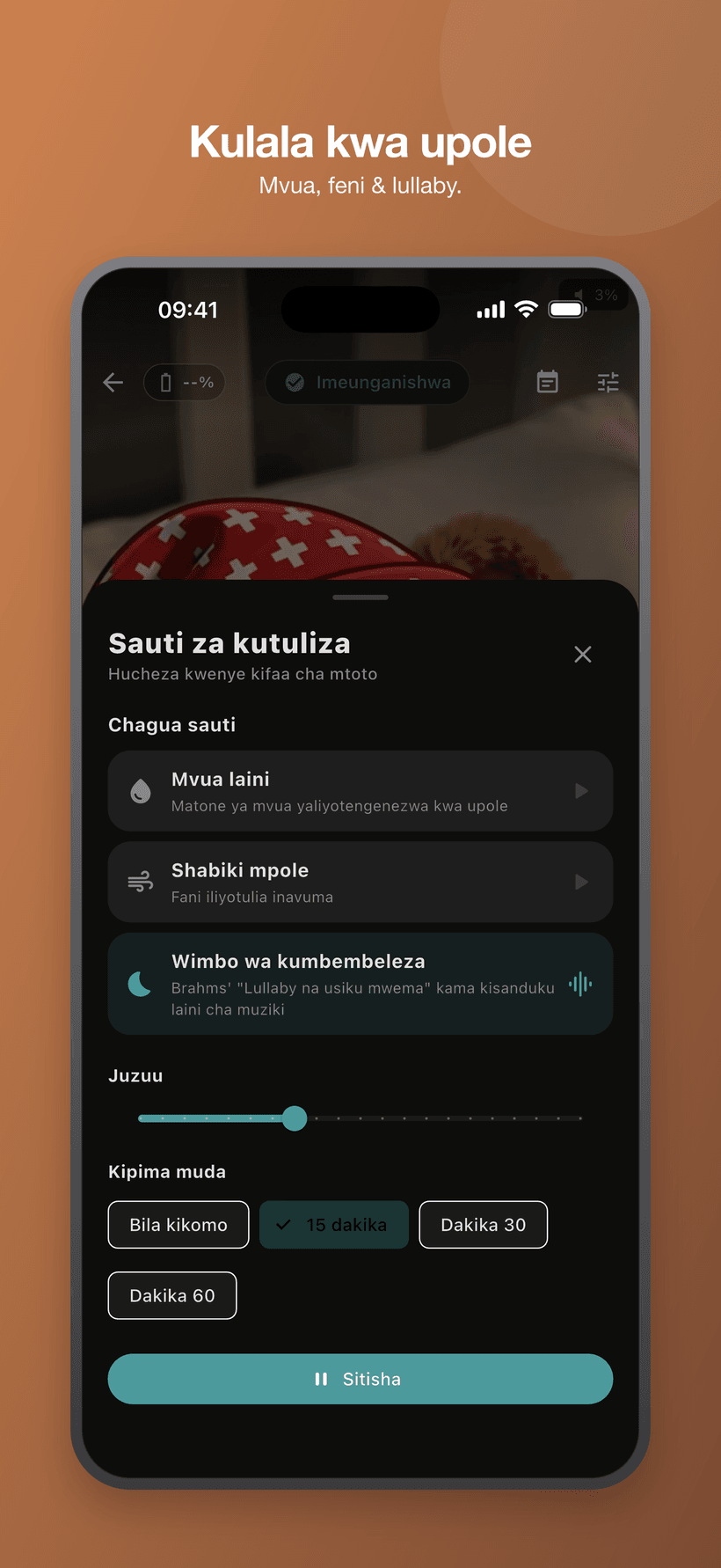 Menyu ya kutuliza katika hali ya mtoto yenye sauti nyeupe-kama kelele, sauti na vidhibiti vya saa.